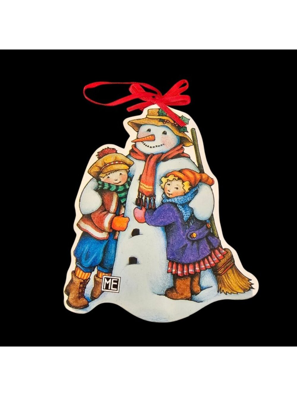 VTG Mary Engelbreit Snowman Christmas Ornament Hugging Boy Girl 5.5" Winter Wood